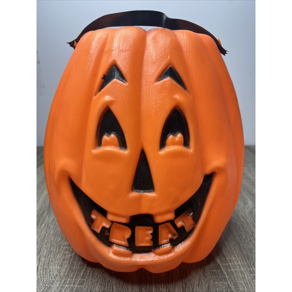 VTG 12" Blow Mold Jack-o'-lantern Pumpkin Trick Or Treat Pail Bucket Treat Teeth